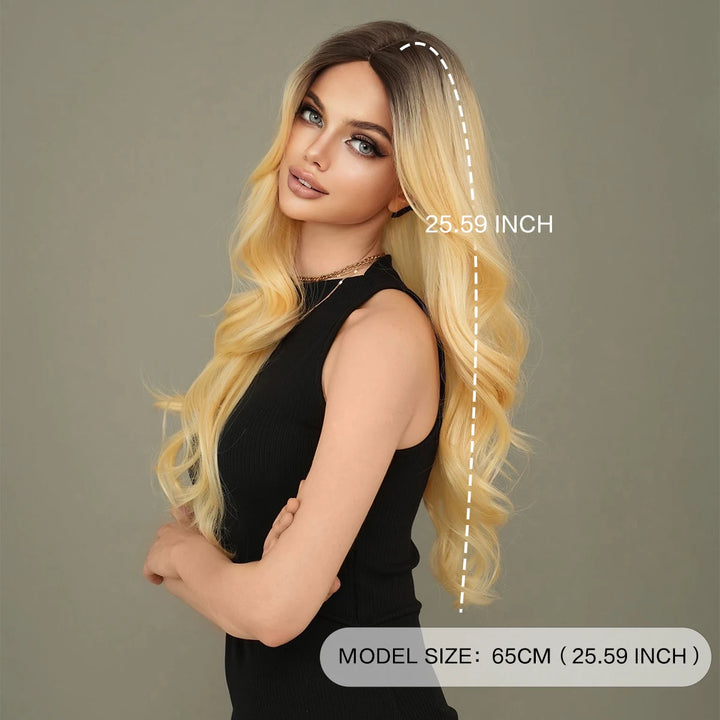 26 Inch Ombre Blond Curly Hair Wig for Women - Synthetic Matte Finish, Middle Parted.