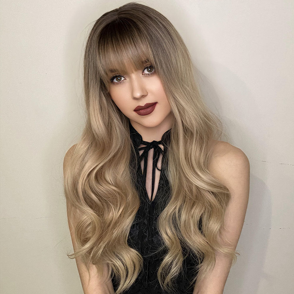 Blonde Ombre Long Wavy Wig with Bangs - Synthetic, Heat Resistant, Perfect for Cosplay
