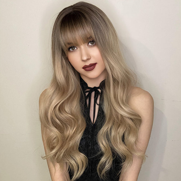 Blonde Ombre Long Wavy Wig with Bangs - Synthetic, Heat Resistant, Perfect for Cosplay