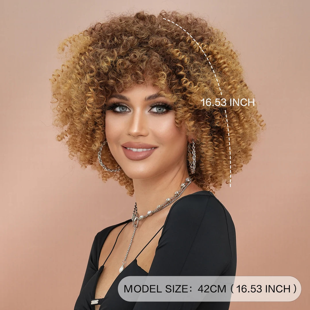 16" Curly Afro Wig with Bangs for Black Women. Kinky curly synthetic wig in ombre brown blonde.