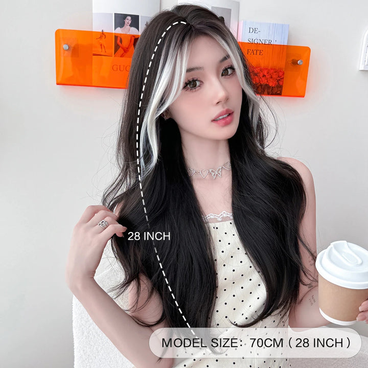 28-inch long highlighted black curly hair with bangs synthetic matte hair wig for women. Heat resistant.