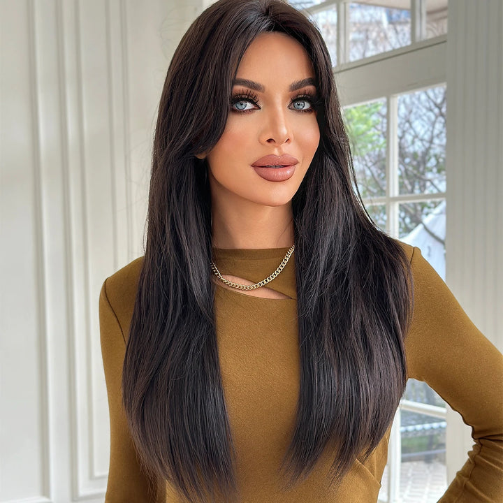 28-inch Layered Long Straight Black Middle-Parted Synthetic Matte Hair Wig for Women, Heat Resistant.