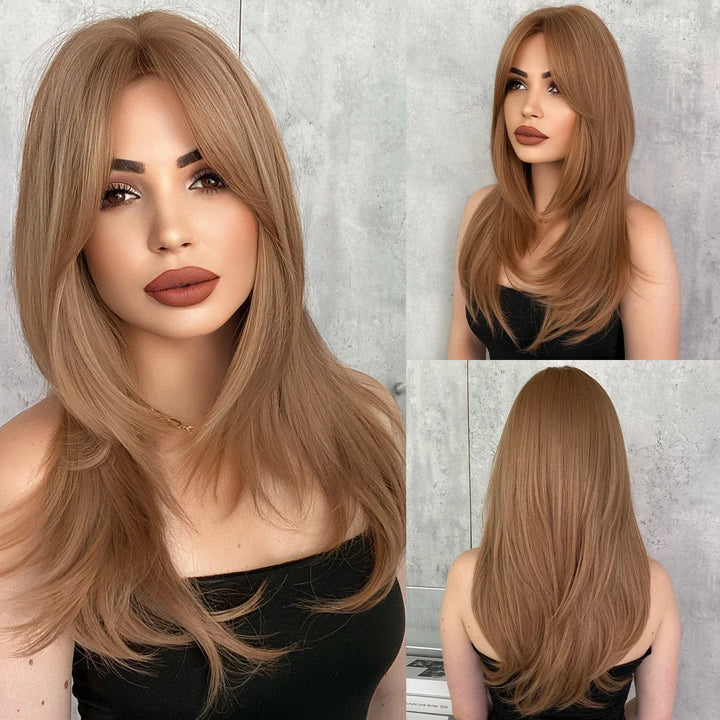 Green Highlight Layered Wig with Curtain Bangs, Synthetic Heat Resistant Hair Wig for Women.