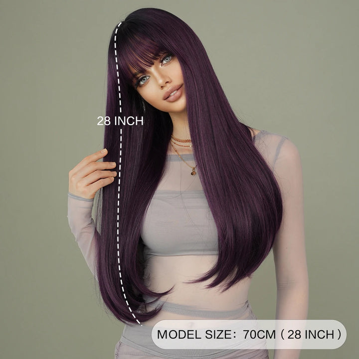 Ombre purple synthetic wig with bangs, 28 inches long, heat resistant fiber.