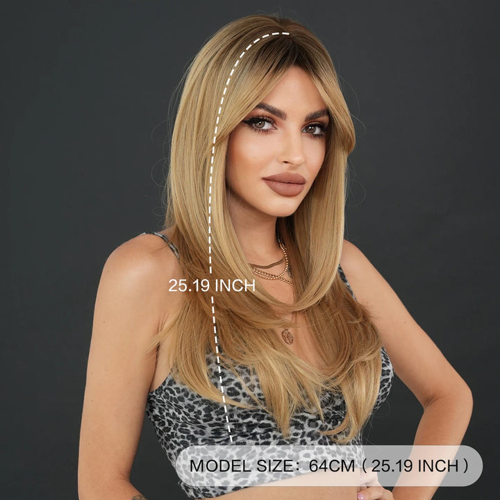 26-inch Layered Long Straight Ombre Blonde Middle-Parted Synthetic Matte Hair Wig for Women, Heat Resistant.