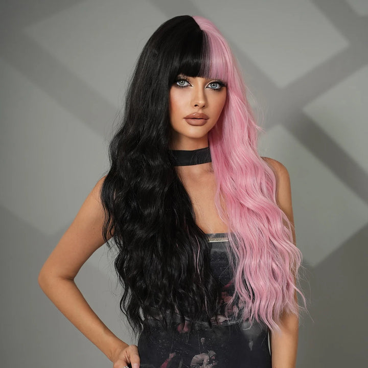 Black Pink Synthetic Hair Skunk Stripe Long Wavy Wigs Heat Resistant Fiber Wholesale Natural Matt Wigs 30 Inch