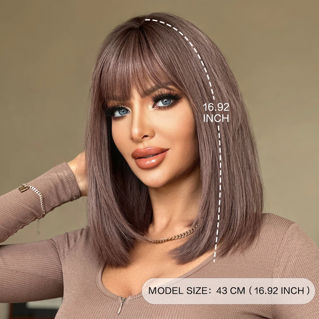 Purple Ombre Shoulder-Length Straight Layered Synthetic Wig with Bangs, 16 Inches. Natural Matte Hair for Women.