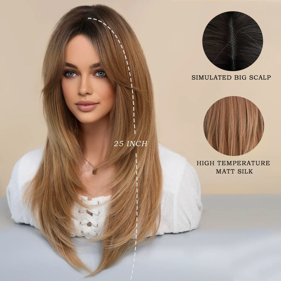 Long black wig with bangs for women. Made of heat-resistant synthetic hair. Perfect for daily wear.