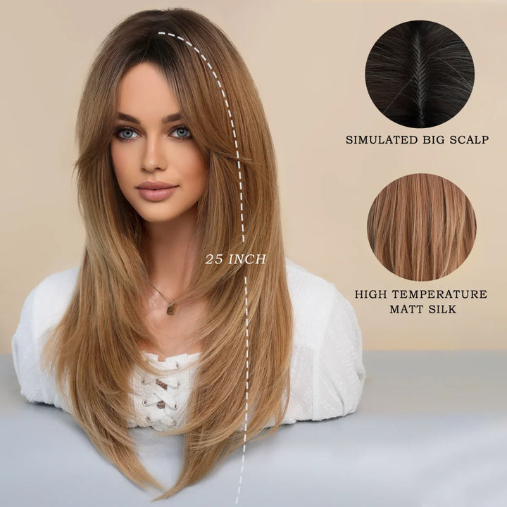 Long black wig with bangs for women. Made of heat-resistant synthetic hair. Perfect for daily wear.