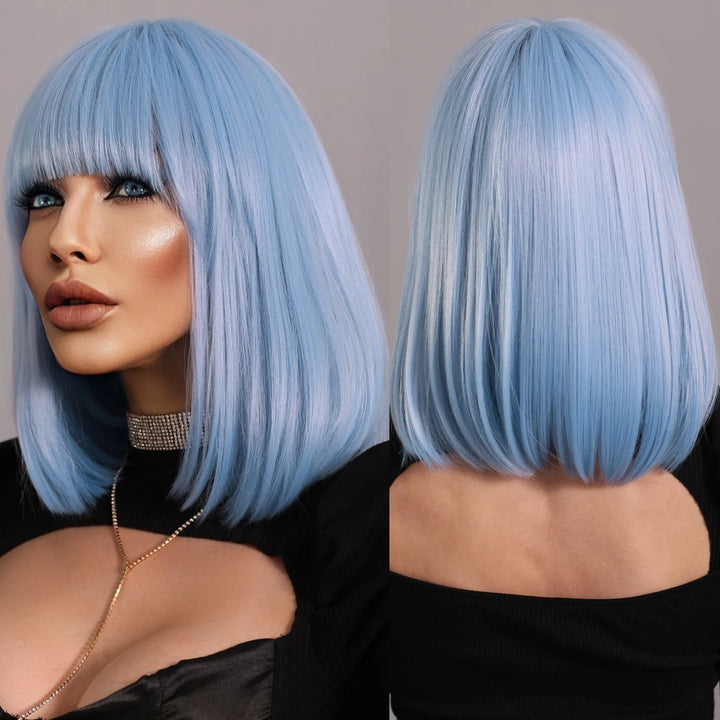 Light Blue Bob Wig with Bangs, Shoulder Length Synthetic Wig for Cosplay Party