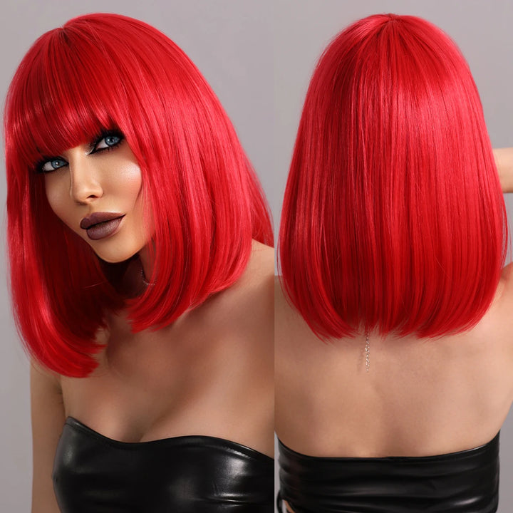 Short red wig with bangs for women, perfect for parties and cosplay. Made of heat-resistant synthetic material.