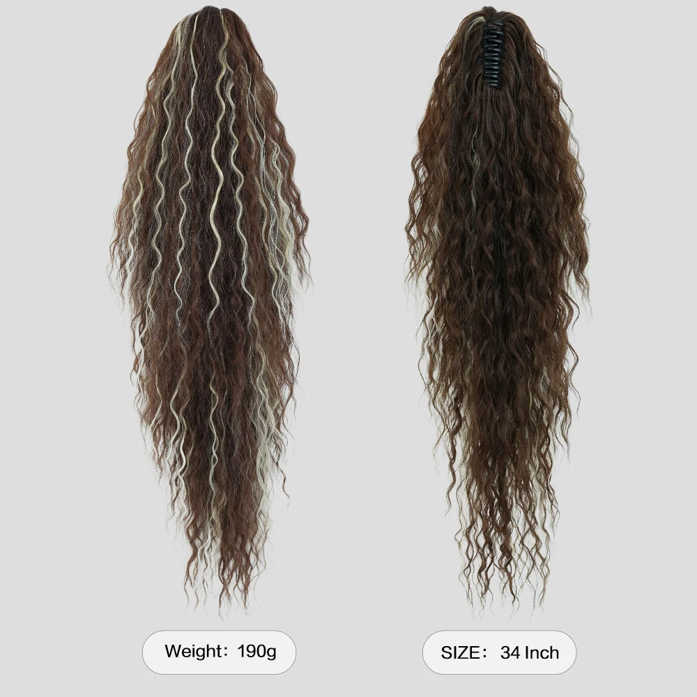 34 Inch Women's Black Synthetic Deep Wave & Water Wave Adjustable Size Ponytail Wig with Clip in
