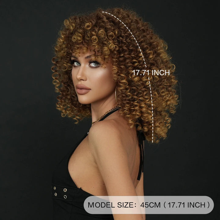 18" Curly Afro Wig with Bangs for Black Women. Kinky curly synthetic wig in ombre brown blonde.
