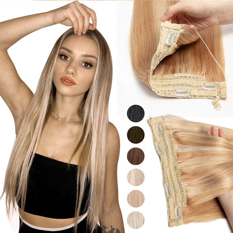 Invisible Wire Line Clip-in Human Hair Extensions - One Piece Straight Blonde Natural Hair Extensions in lengths 12" to 24" with Fish Line and 4 Clips.