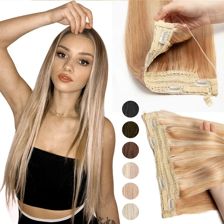 Invisible Wire Line Clip-in Human Hair Extensions - One Piece Straight Blonde Natural Hair Extensions in lengths 12" to 24" with Fish Line and 4 Clips.
