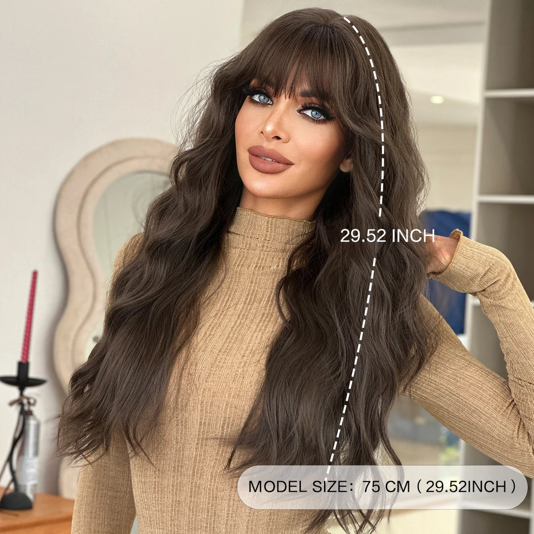 30-inch Extra Long Brown Curly Hair with Bangs Synthetic Matte Hair Wig for Women Heat Resistant