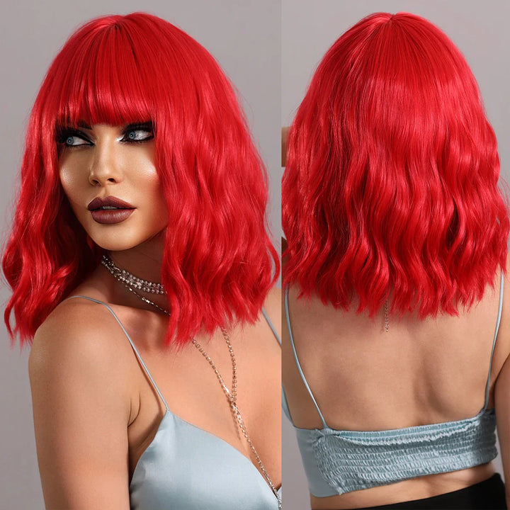 Blue curly bob wig with bangs for women, perfect for Halloween or cosplay parties.