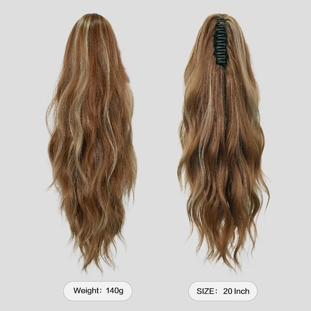 20 Inch Women's Wig with Cinnamon Gold Highlights Adjustable Size Black Curly Ponytail Synthetic Hair and Black Wig Clips