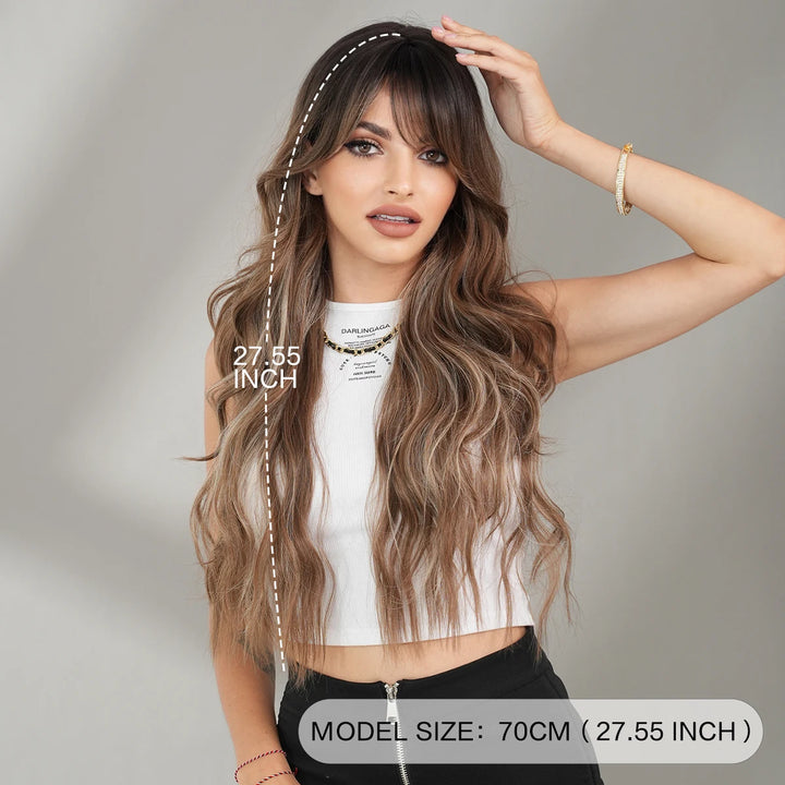 Ombre Brown Long Curly Hair Wig with Bangs for Women - 28 Inches