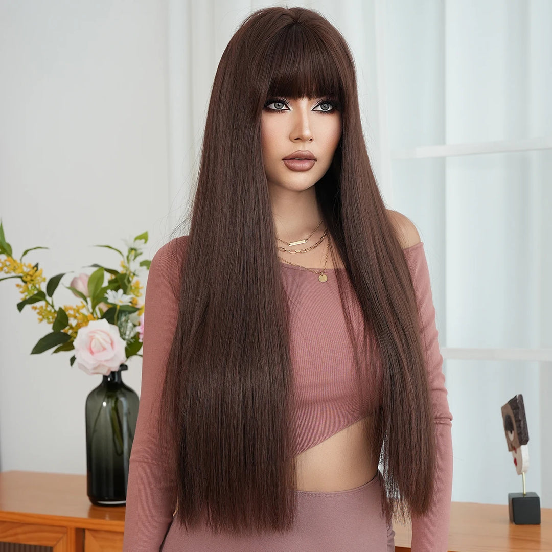 28 Inch Natural Black Wig with Bangs Extra Long Straight Wig for Women. This wig is natural-looking and comes in black-brown synthetic material.