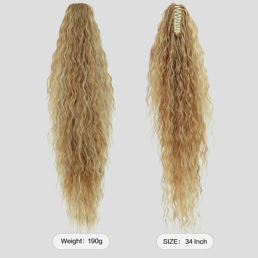 34 Inch Women's Black Synthetic Deep Wave & Water Wave Adjustable Size Ponytail Wig with Clip in