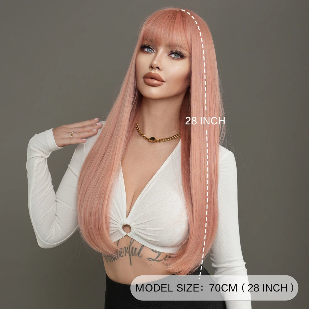 Long straight light pink high-quality synthetic hair with bangs for women. Made from heat-resistant fiber, this 28-inch wig is a hot selling item.