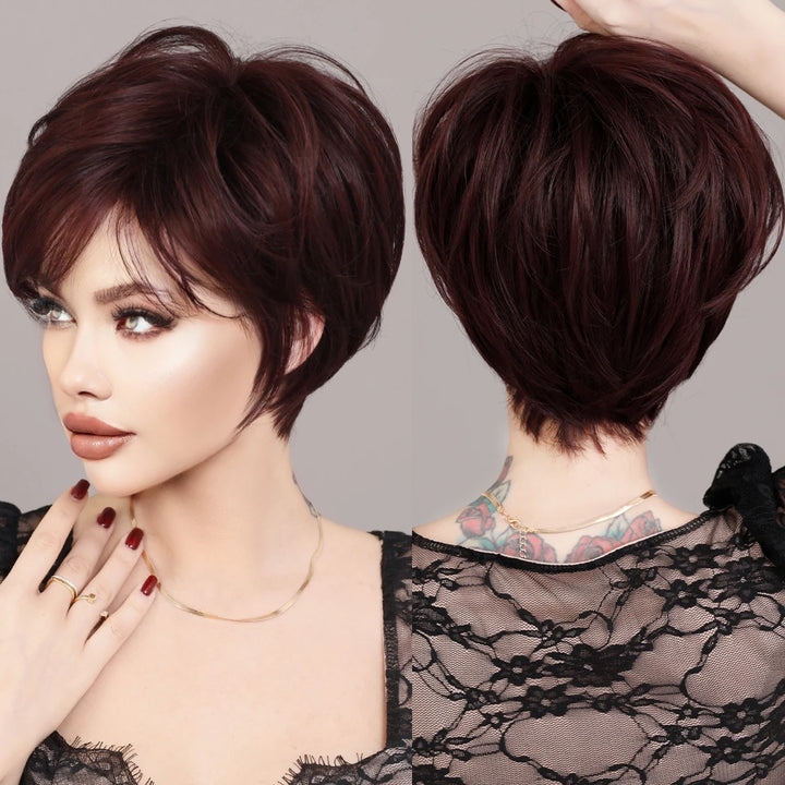 Ombre red pixie cut wig with bangs, cute and natural-looking. Short black and burgundy layered wavy style for women.