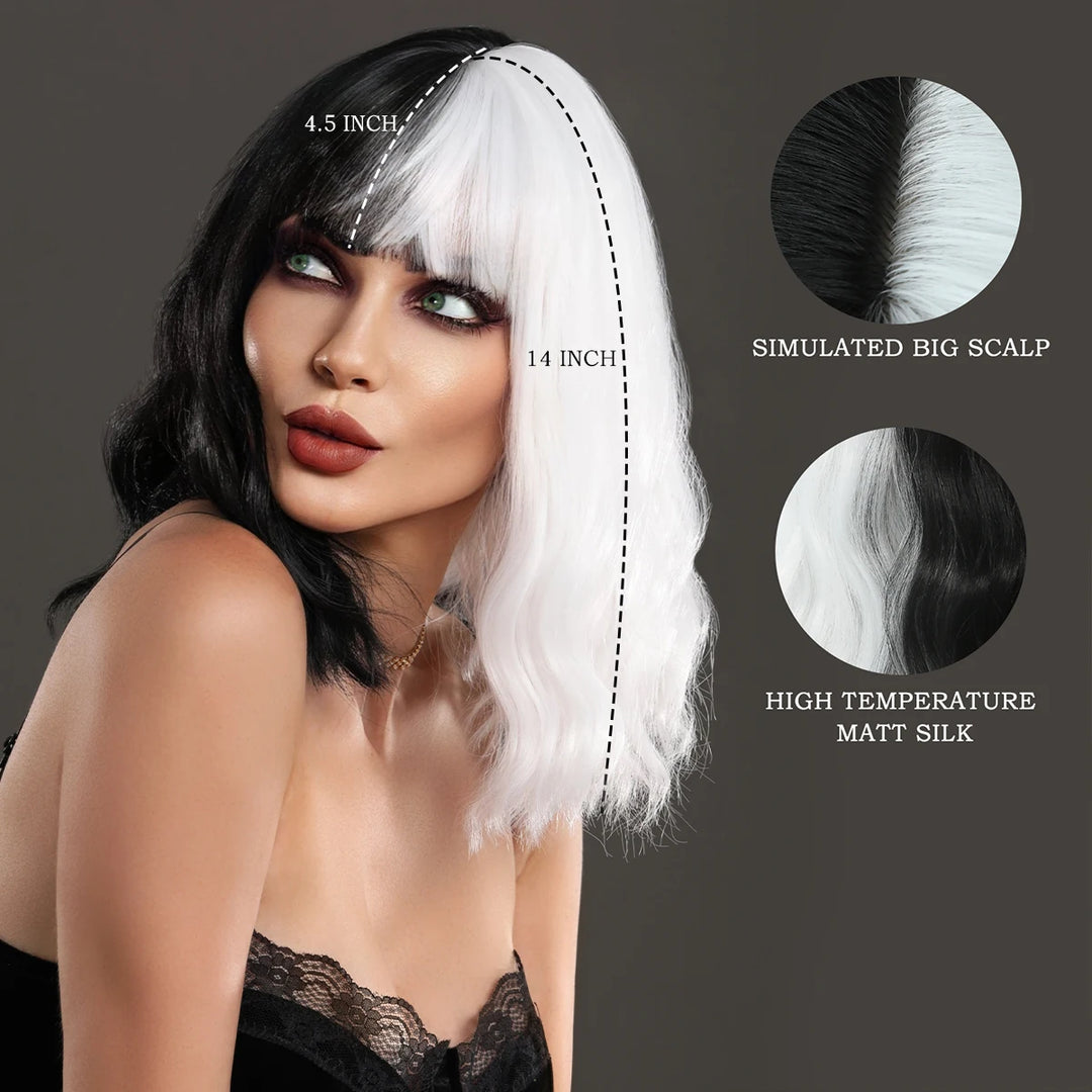 Black and white Cruella Deville wig for women's costume. Short curly wavy synthetic wig for parties and cosplay.