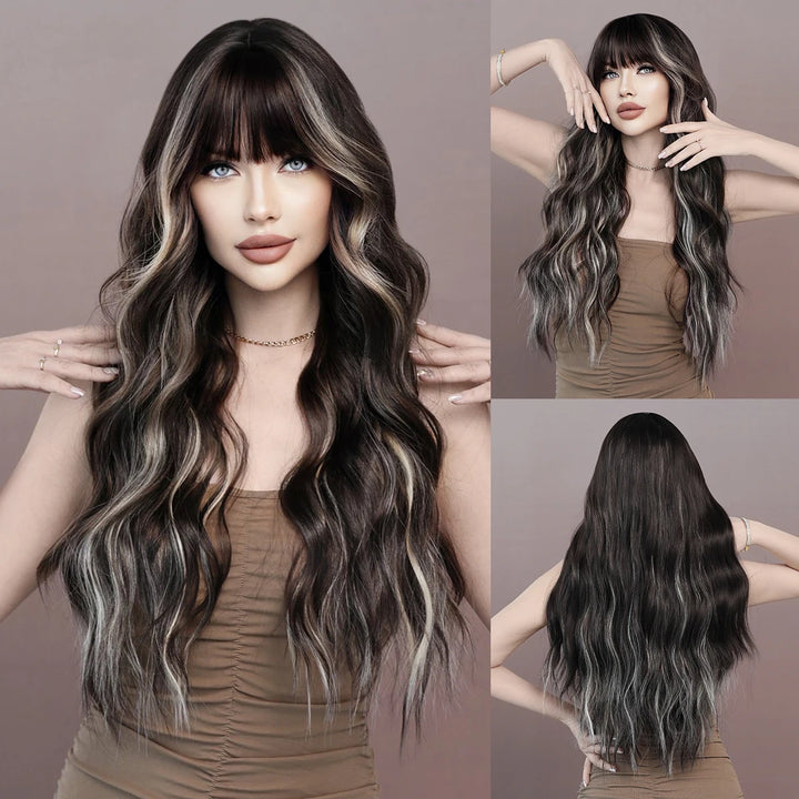 Brown wig with bangs, long wavy style with mixed blonde highlights. Made from natural curly synthetic fiber, resistant to heat. Perfect for daily use by women.