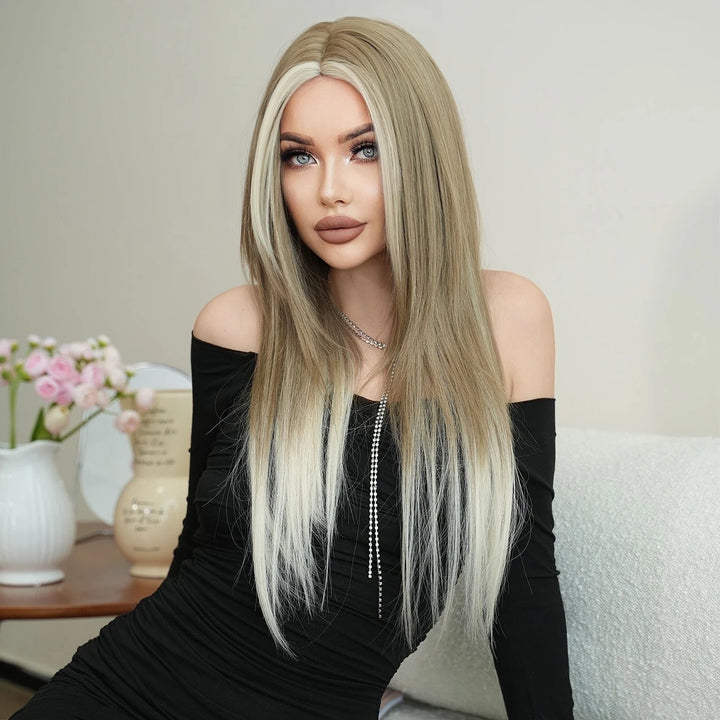 Synthetic hair wig with long straight hair, bangs, middle part, and highlight gray color. Perfect for women, cosplay, and drag queens.