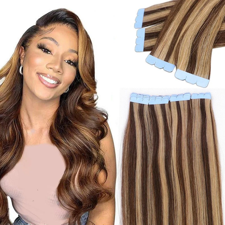 Mini Tape Hair Extensions – Natural Straight Human Hair | Soft, Lightweight | Non-Remy | 10 Pieces per Pack | Ideal for Highlights & Volume