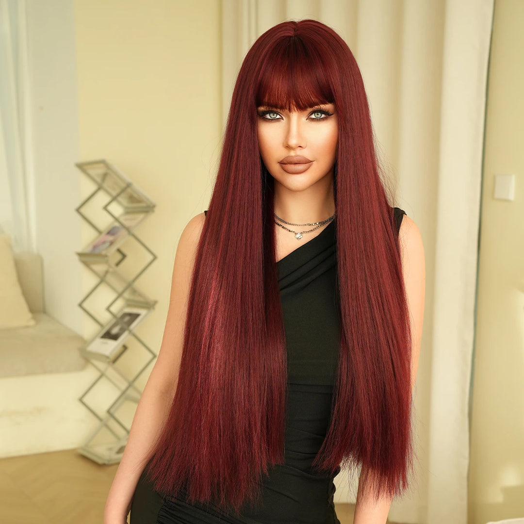 28 Inch Natural Black Wig with Bangs Extra Long Straight Wig for Women. This wig is natural-looking and comes in black-brown synthetic material.