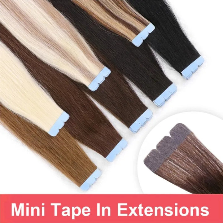 Mini Tape-In Hair Extensions – 100% Human Hair Skin Weft | Machine-Remy | 10pcs Pack for Side or Highlighted Volume