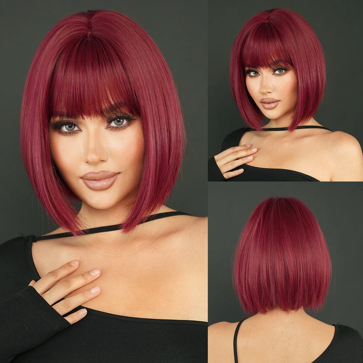 12-inch Short Bob Straight Wig with Bangs - Natural Red Yaki Synthetic Heat Resistant Burgundy Red Hair for Party Cosplay.