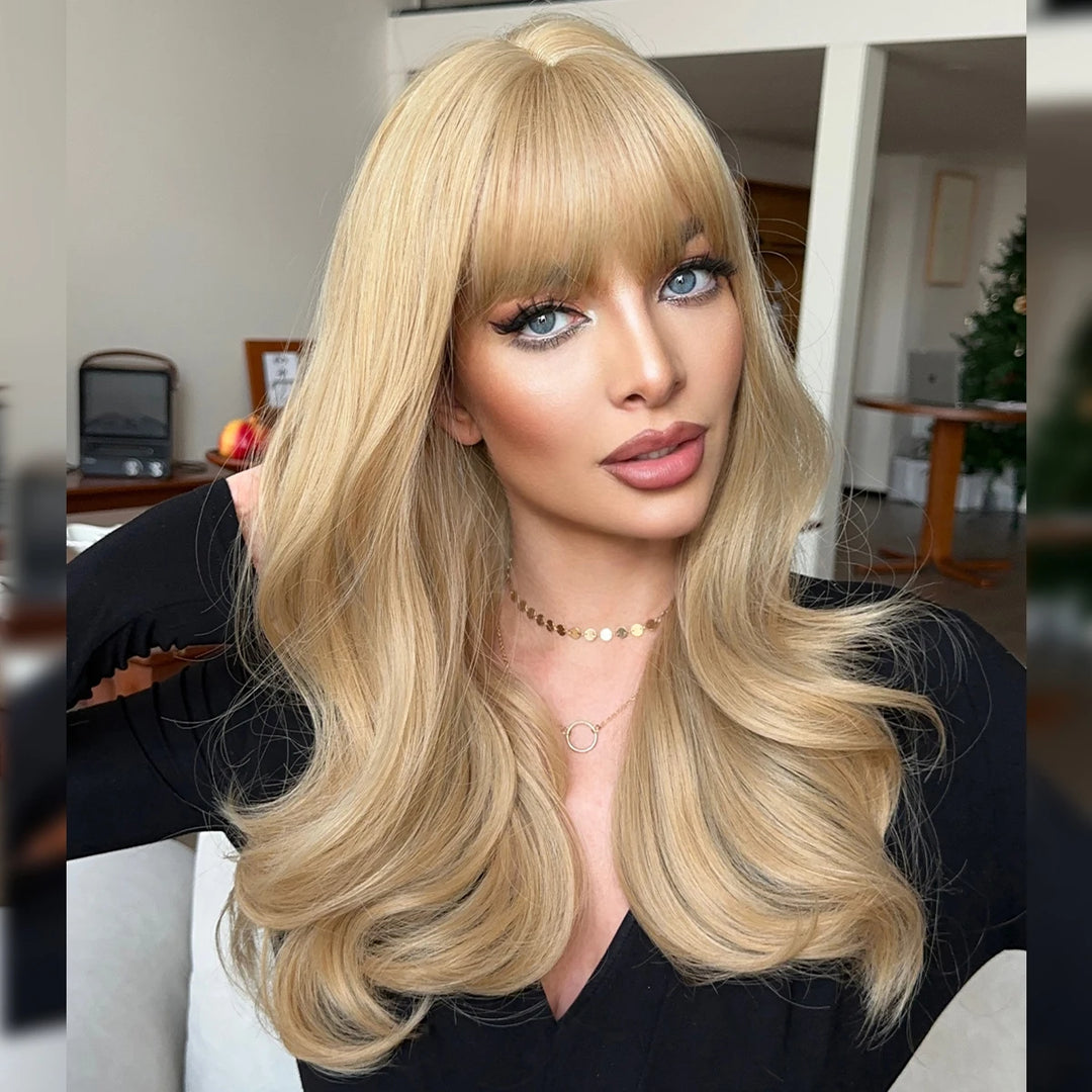 26 Inch Long Blond Curly Hair Wig with Bangs Synthetic Matte Hair Wig for Women.