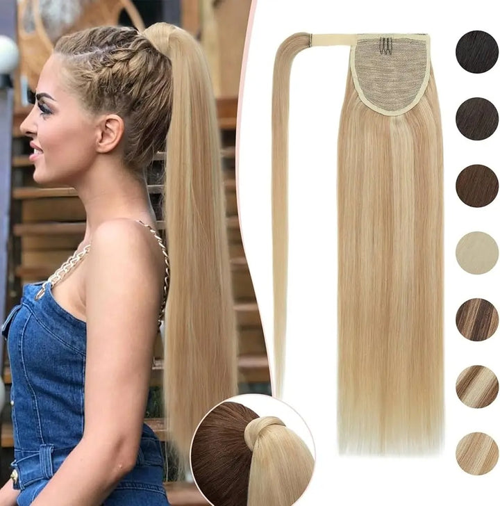 Ponytail Human Hair – Real Remy Hair Clip-In Wrap Around Ponytail Extension | Natural Straight Hair Extensions | Blonde, Brown, Black
