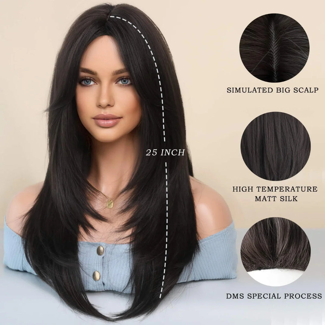 Long black wig with bangs for women. Made of heat-resistant synthetic hair. Perfect for daily wear.