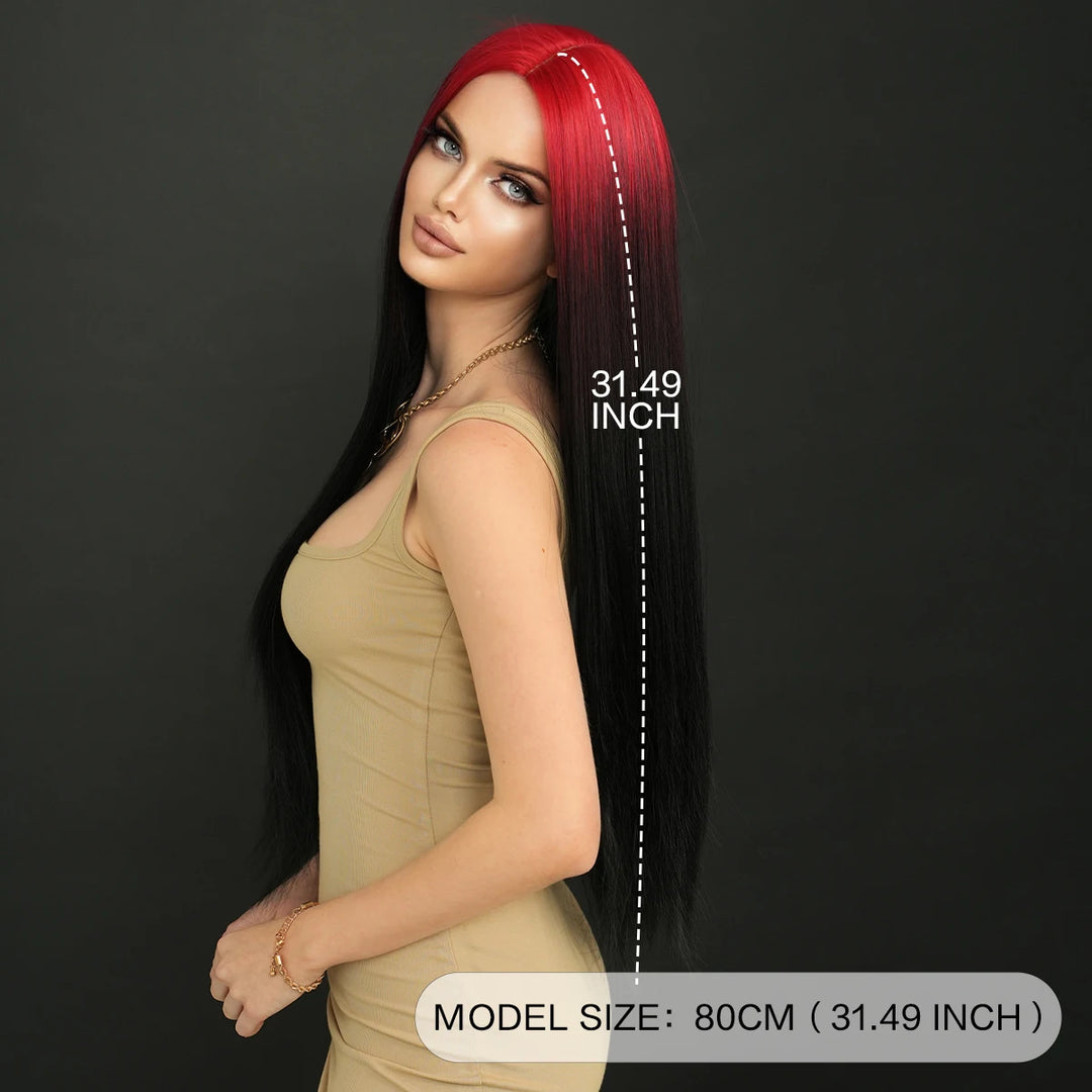32" Ombre Red Synthetic Hair Wig with Bangs and Middle Part, Billie Eilish Style