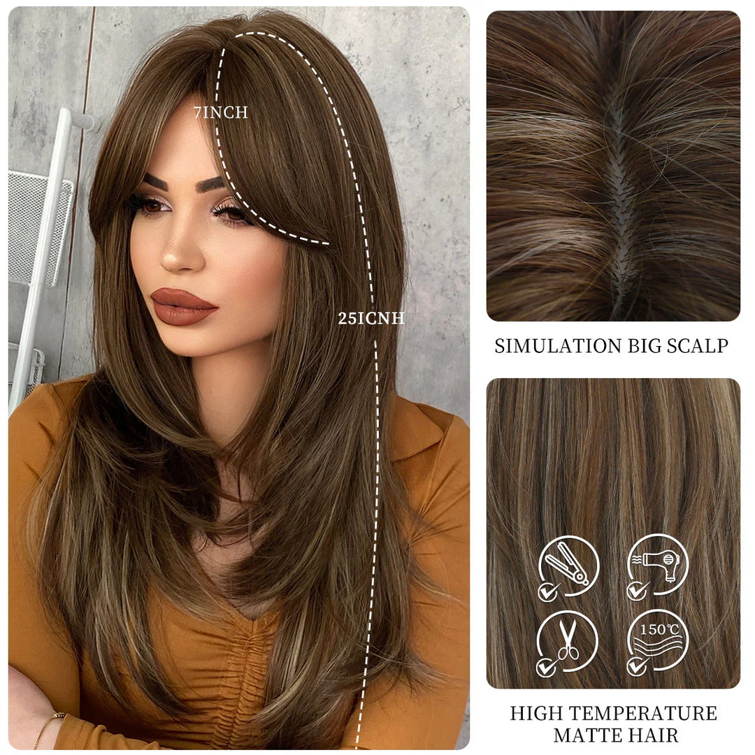 Honey Blonde Wig with Bangs - Long Brown Wigs for Women, Layered Heat Resistant Synthetic Wigs. Perfect for a natural look!