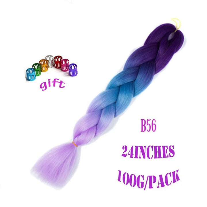 Purple and blue braided hair extension with branding on a white background.
