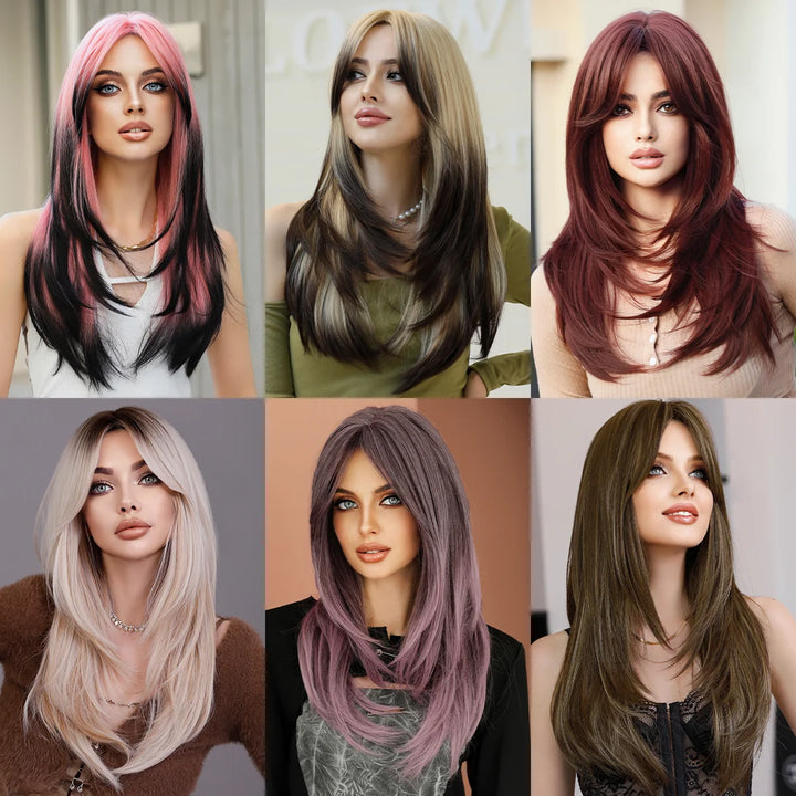 Blonde ombre layered wig with curtain bangs for women. High density heat resistant synthetic hair in dark brown.