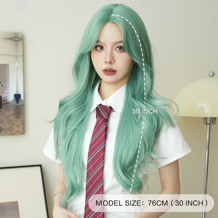 28-inch long water wave light green middle-parted synthetic matte hair wig for women. Heat-resistant lace front wig.