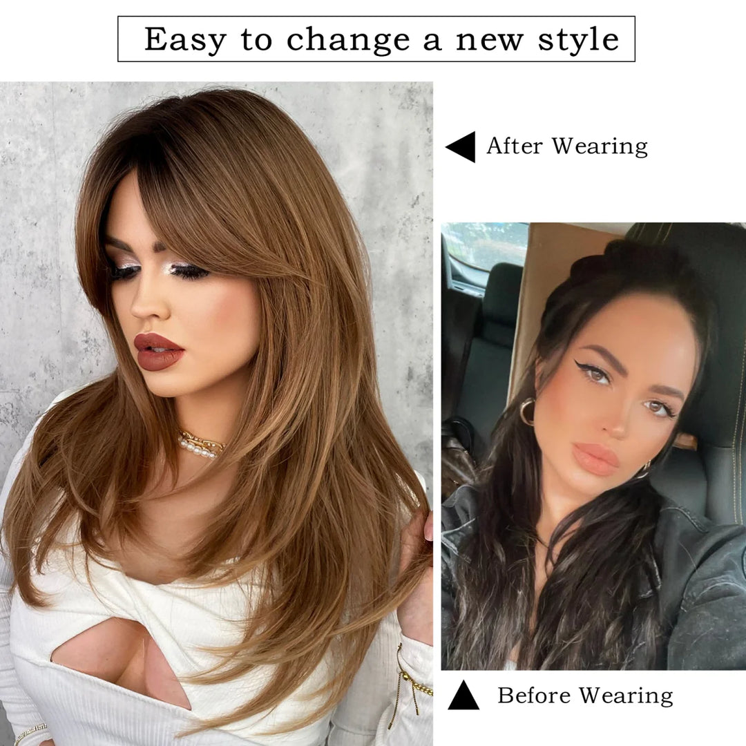 Long black wig with bangs for women. Made of heat-resistant synthetic hair. Perfect for daily wear.