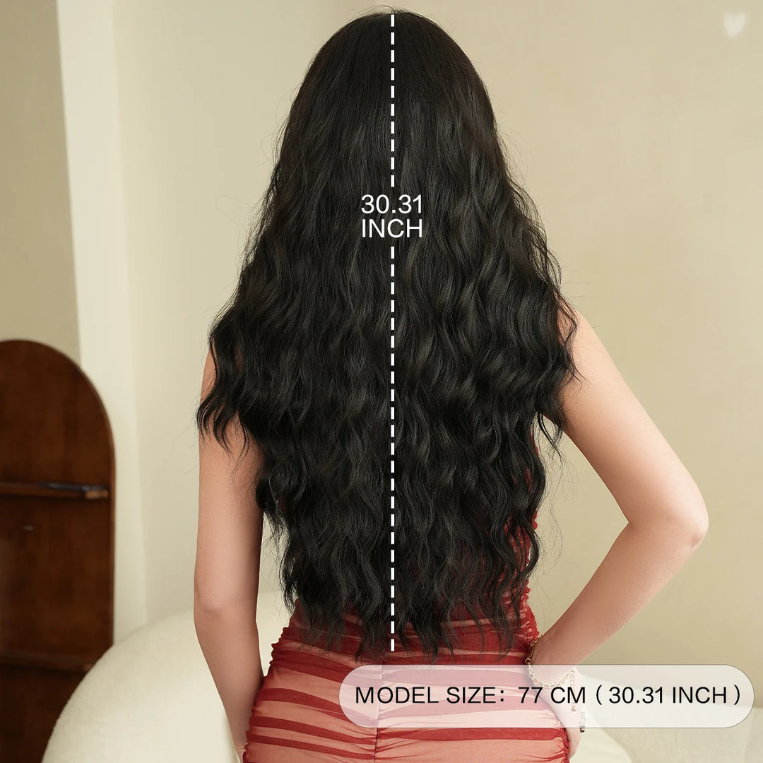 30 Inch Natural Black Long Curls Synthetic Heat Resistant Wig for Women with Middle Part Water Waves Hair. Features a Slit Matte Hair Wigs Peluca.