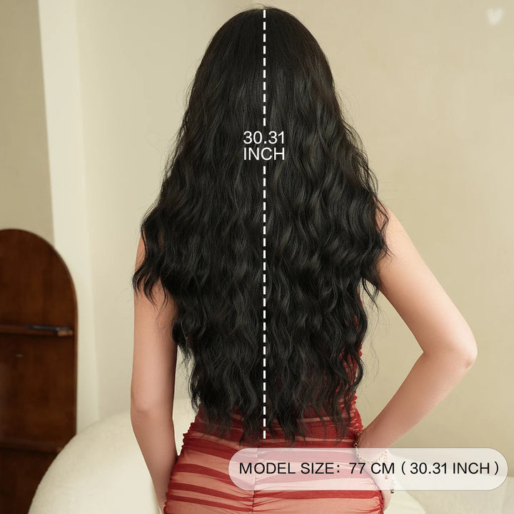 30 Inch Natural Black Long Curls Synthetic Heat Resistant Wig for Women with Middle Part Water Waves Hair. Features a Slit Matte Hair Wigs Peluca.