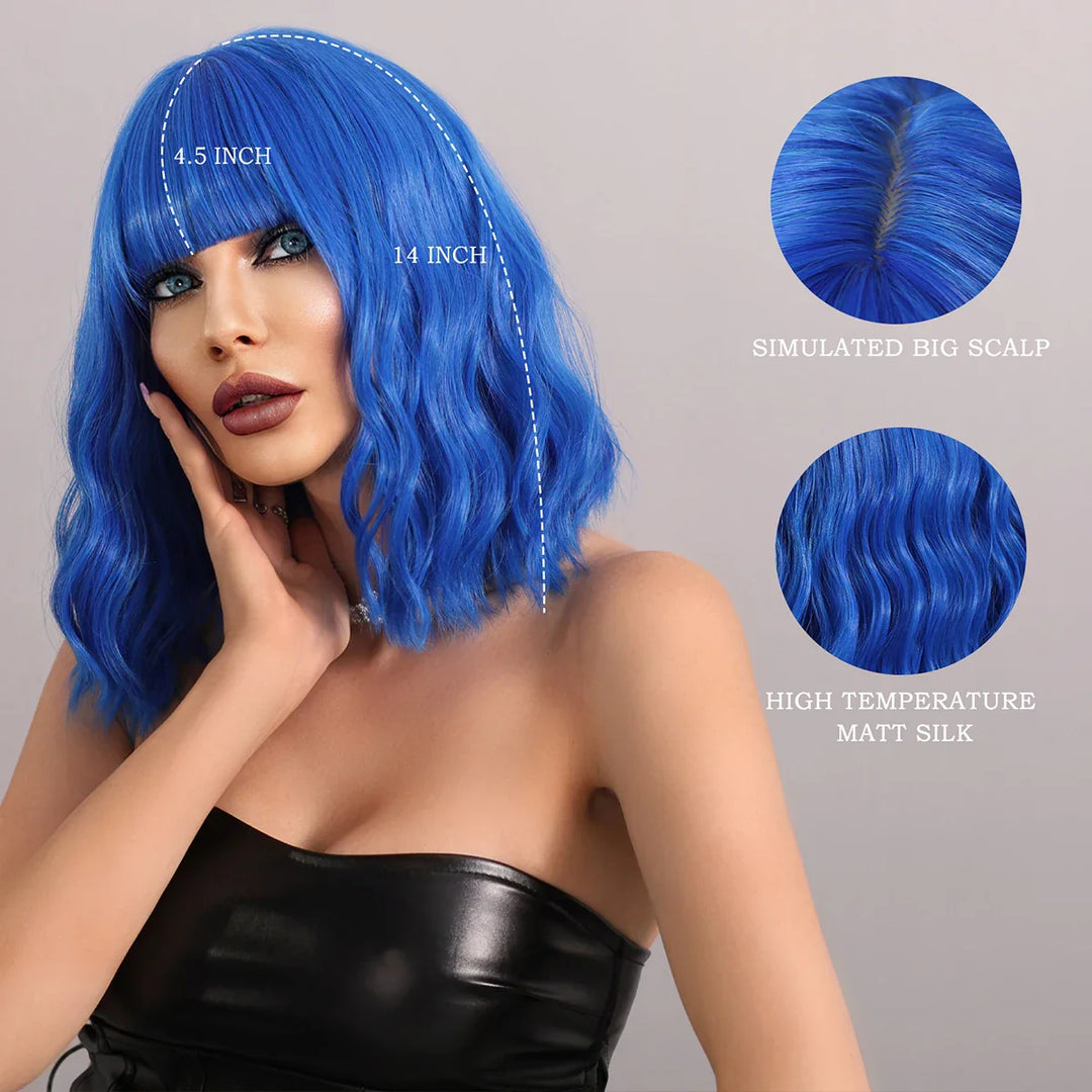 Short lavender purple curly bob wig with bangs for women, perfect for Halloween cosplay.