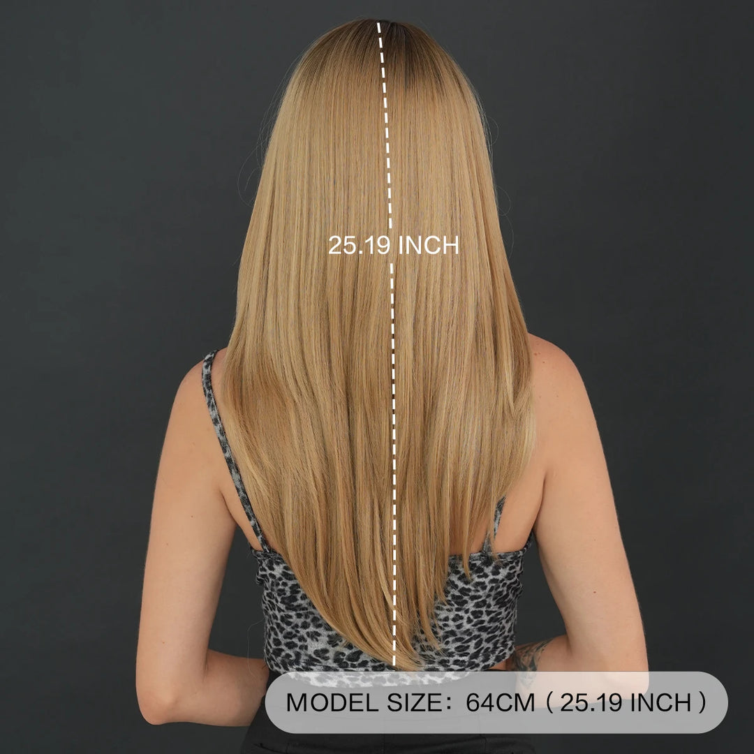 26-inch Layered Long Straight Ombre Blonde Middle-Parted Synthetic Matte Hair Wig for Women, Heat Resistant.