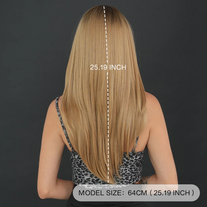 26-inch Layered Long Straight Ombre Blonde Middle-Parted Synthetic Matte Hair Wig for Women, Heat Resistant.