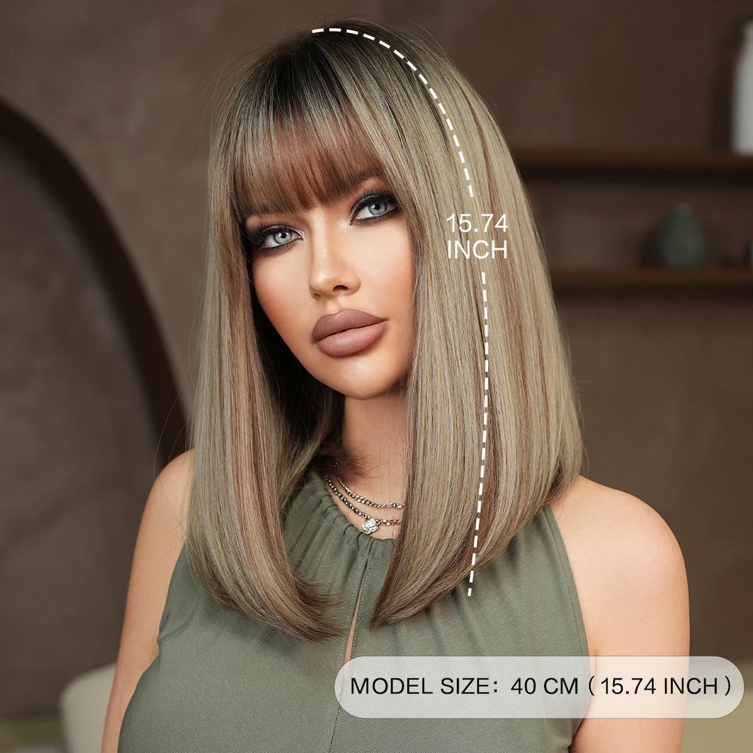 16" Ombre Brown Shoulder Length Straight Synthetic Heat Resistant Wig for Women with Natural Hairline. Matte finish.