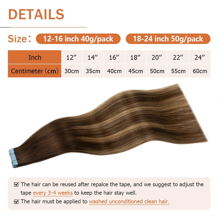 Hair extension product with size chart and hair strand on a white background